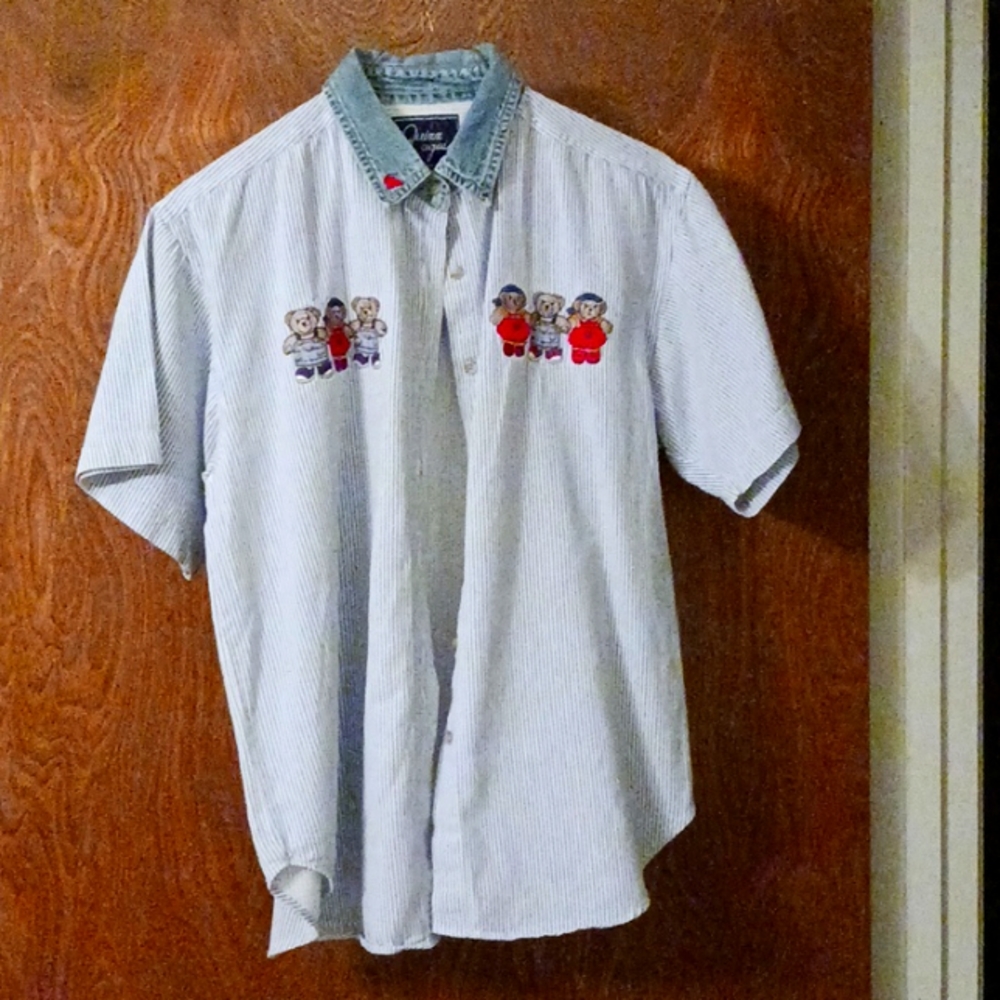 Let's Quizz Again M 100% cotton blue  & white striped shirt w/teddy bears